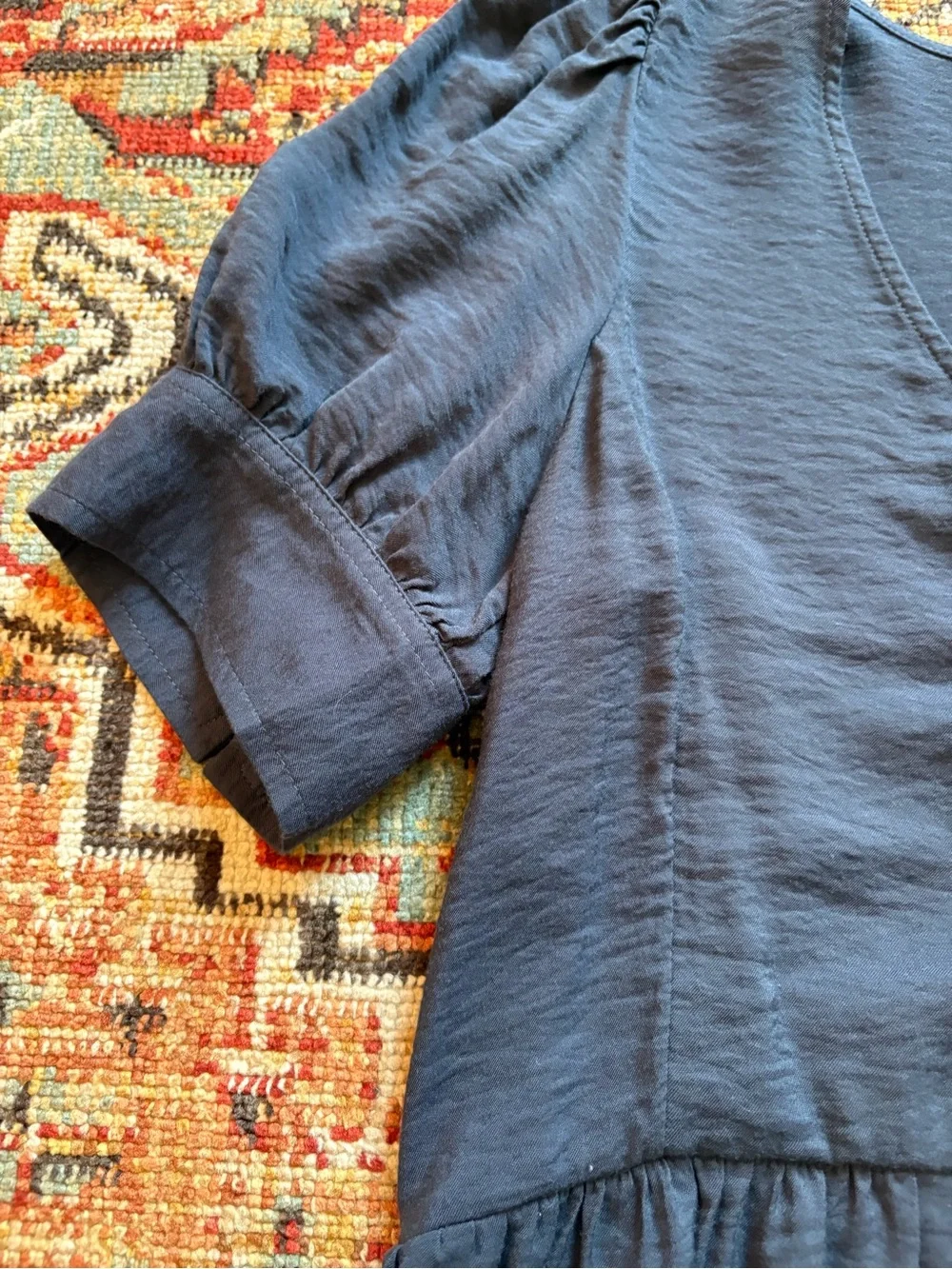 Madewell | Drapeweave Puff-Sleeve Peplum Top | Dark Baltic | XS